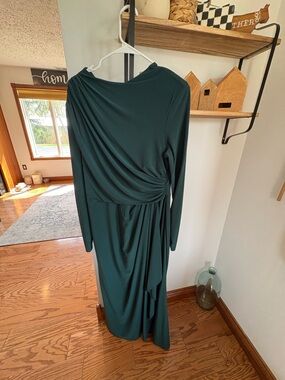 Elegant Dark Green Draped Long-Sleeve Women's Dress By Betsy Adam! Made in U.S.A